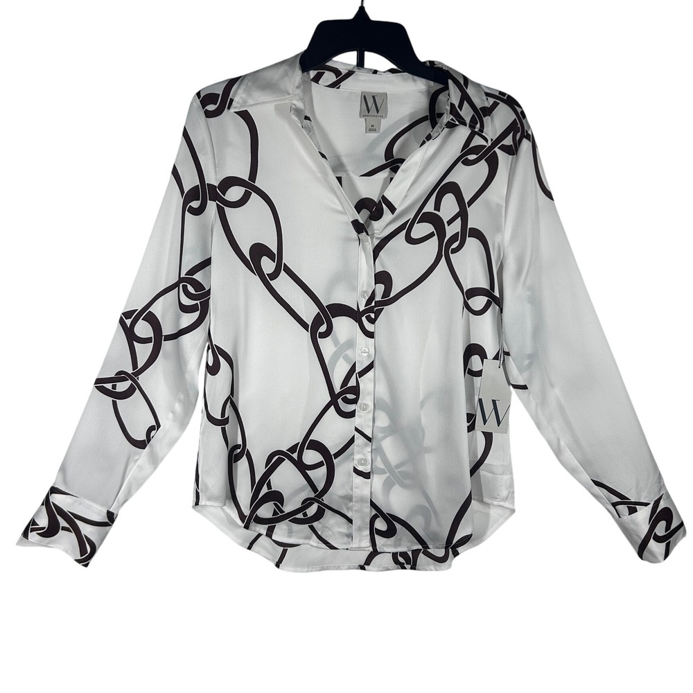 Worthington White Chain Print Long Sleeve Button Down Blouse Top Size Medium NEW